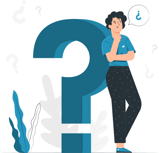 Illustration of a person standing and thinking, with a large question mark in the background and smaller question marks around.