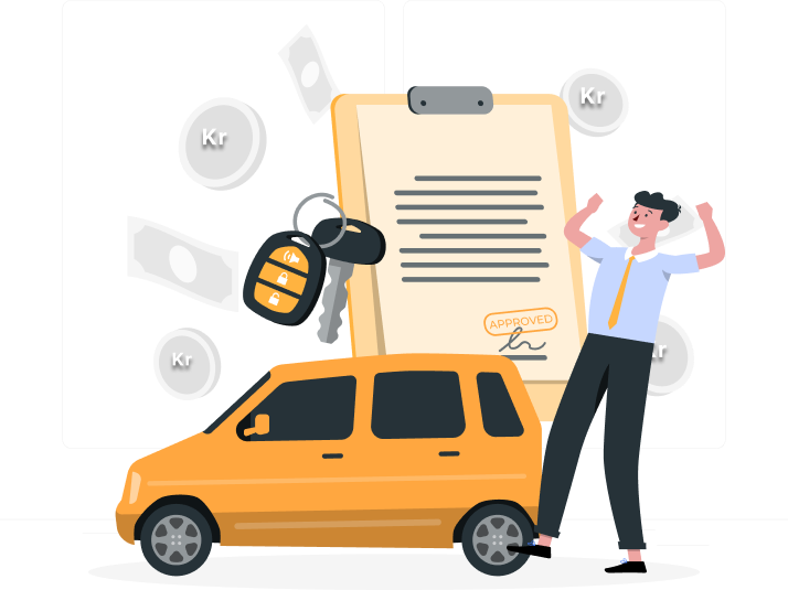 Illustration of a happy person celebrating next to an orange car, with a clipboard showing an approved document, car keys, and currency symbols in the background.
