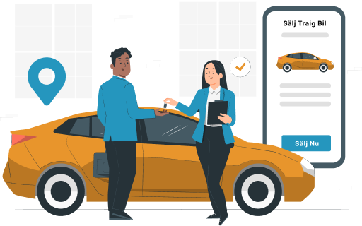 Illustration of two people exchanging car keys next to an orange car, with a mobile app screen displaying car details and a 'Sell Now' button.